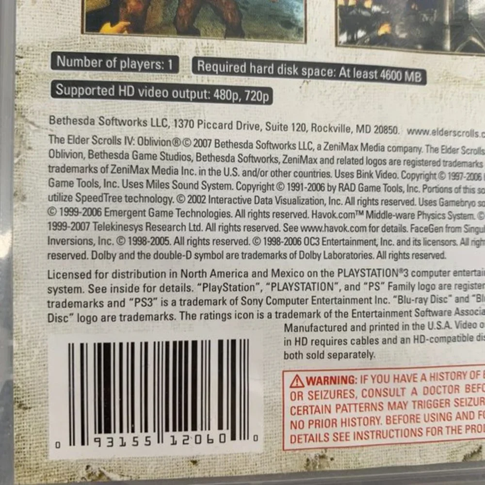 Elder Scrolls IV Oblivion Playstation‎ 3 Mature 17+ Bethesda Softworks